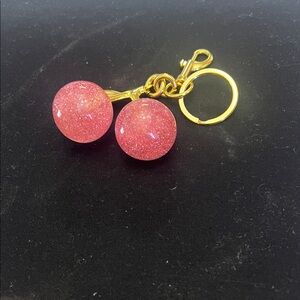 Pink Glitter Cherry Keychain with Gold Accents
